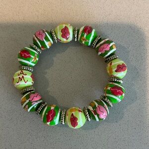 Angela Moore Lime Green, Pink & Red Floral Bead Stretch Bracelet